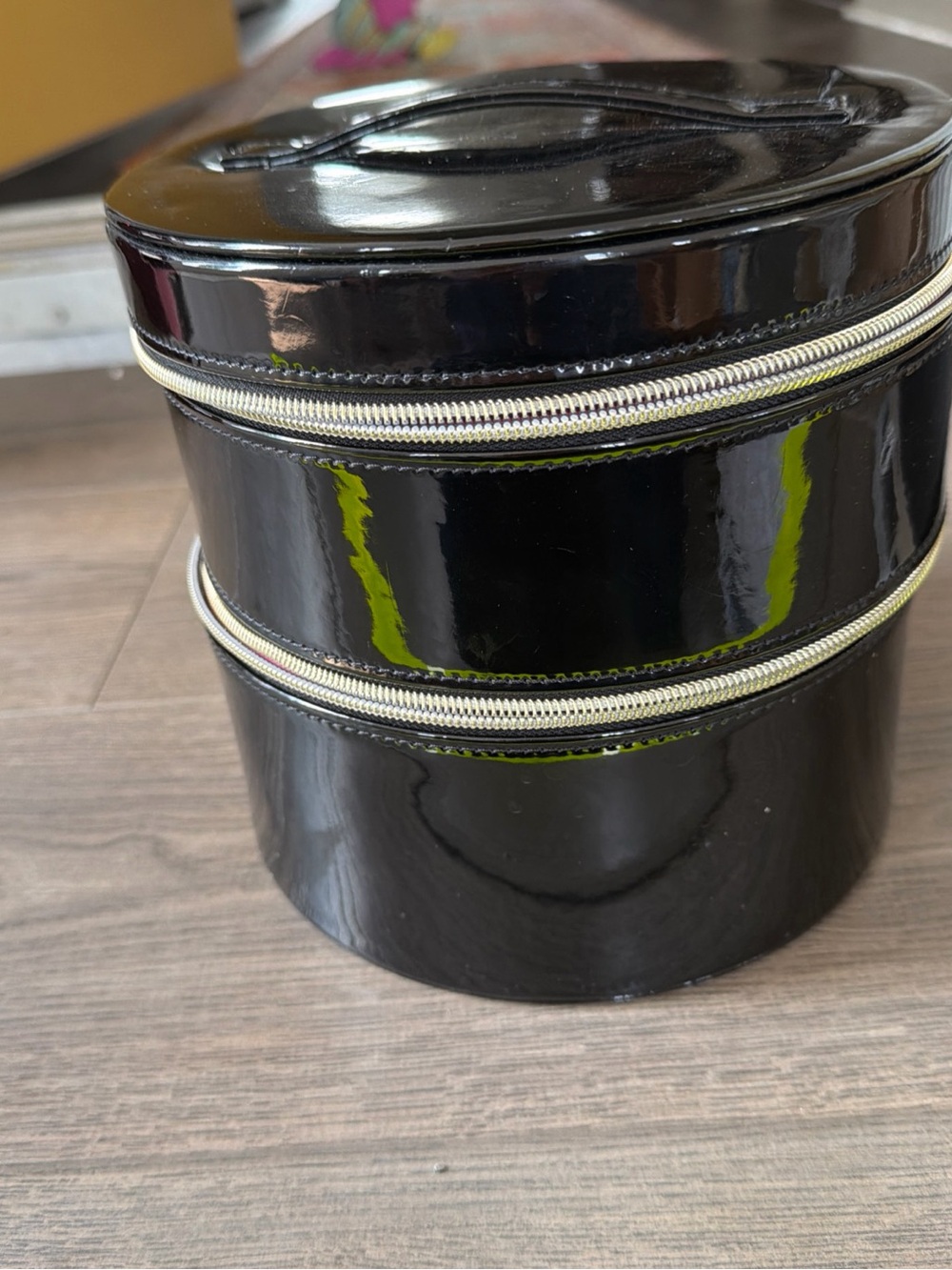 Lancôme Black Patent Round Jewelry/ Makeup Case with Silver Zippers 2 tier